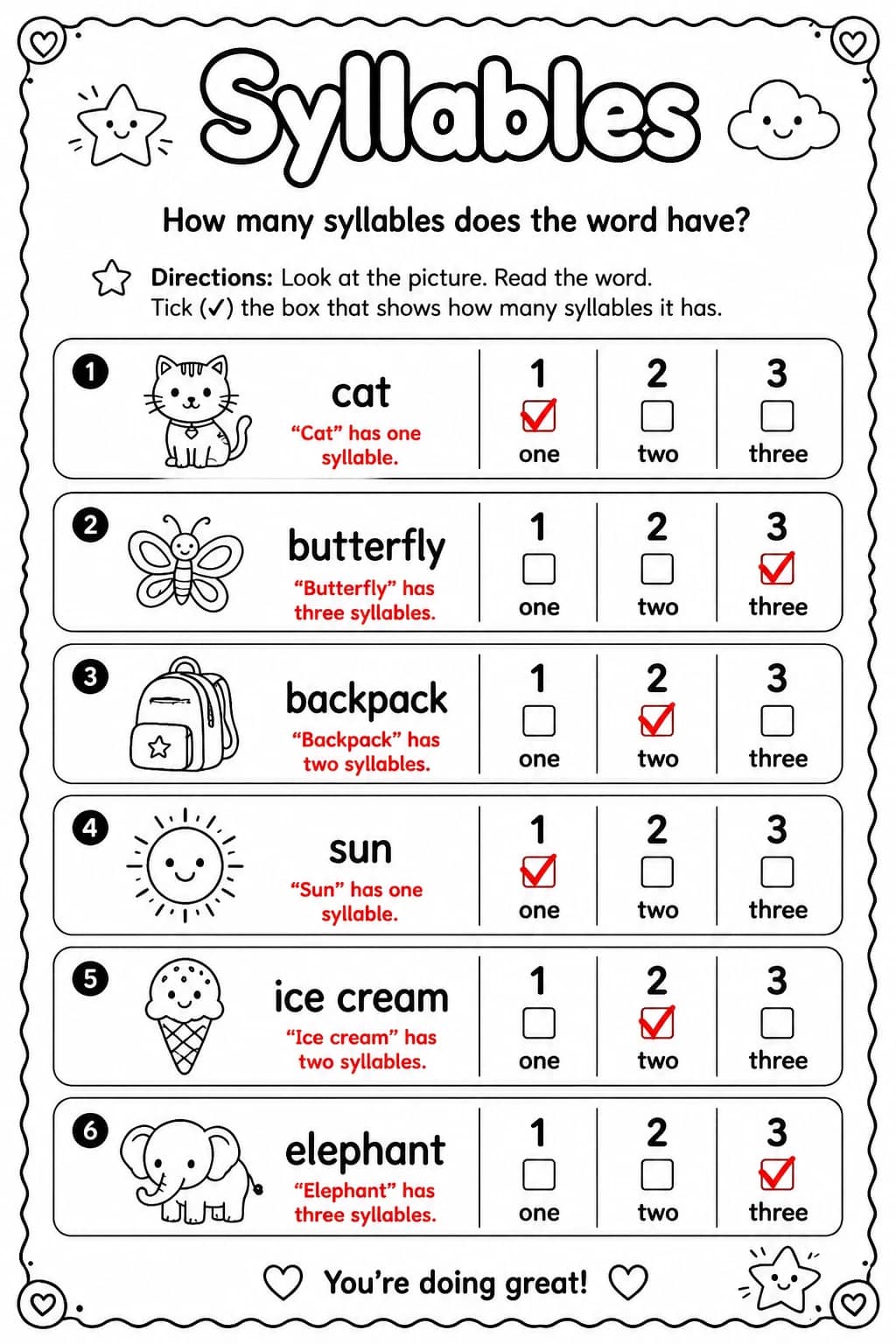 Answer key for How many syllables does the word have? — free printable English & Reading worksheet
