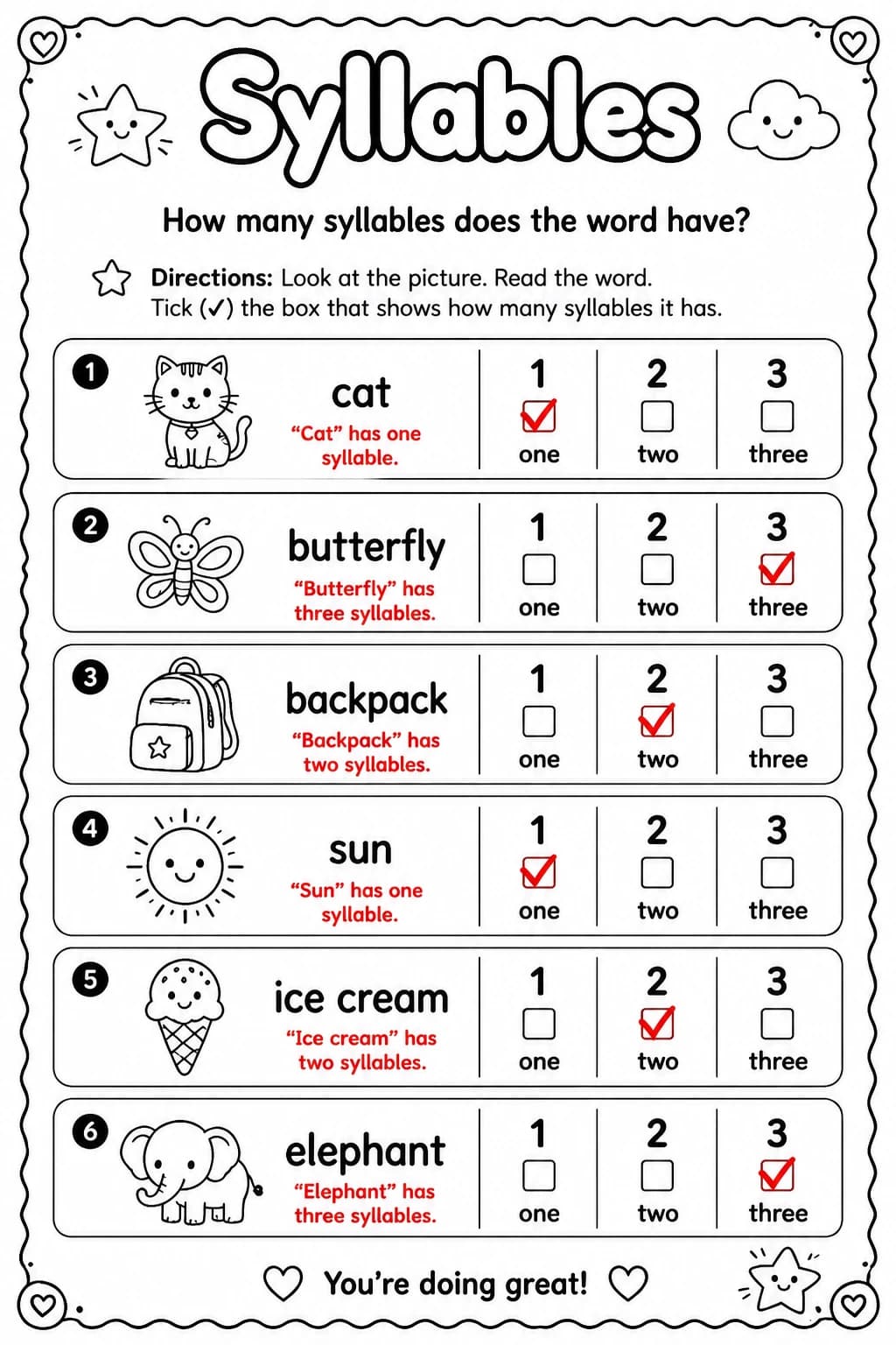 Answer key for How many syllables does the word have? — free printable English & Reading worksheet