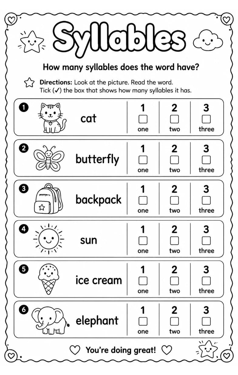 How many syllables does the word have? — free printable Grade 2 English & Reading worksheet