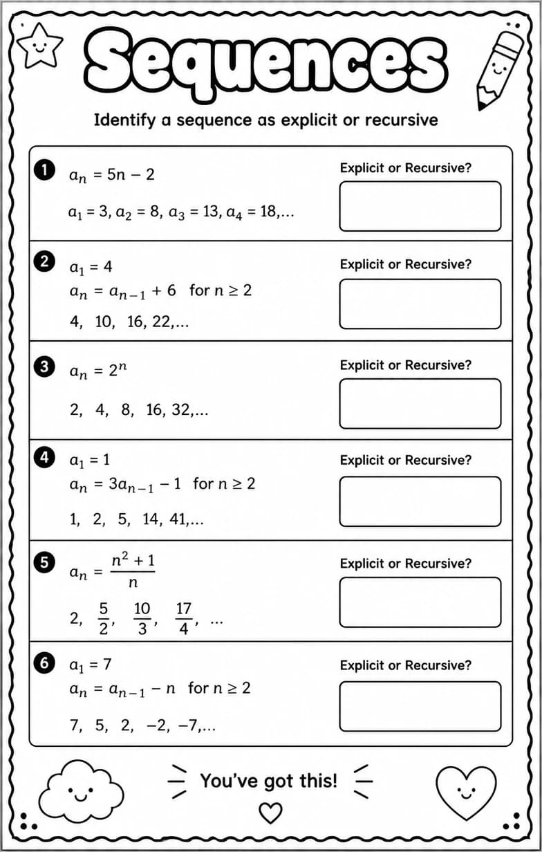 Identify a sequence as explicit or recursive — free printable High School Math worksheet