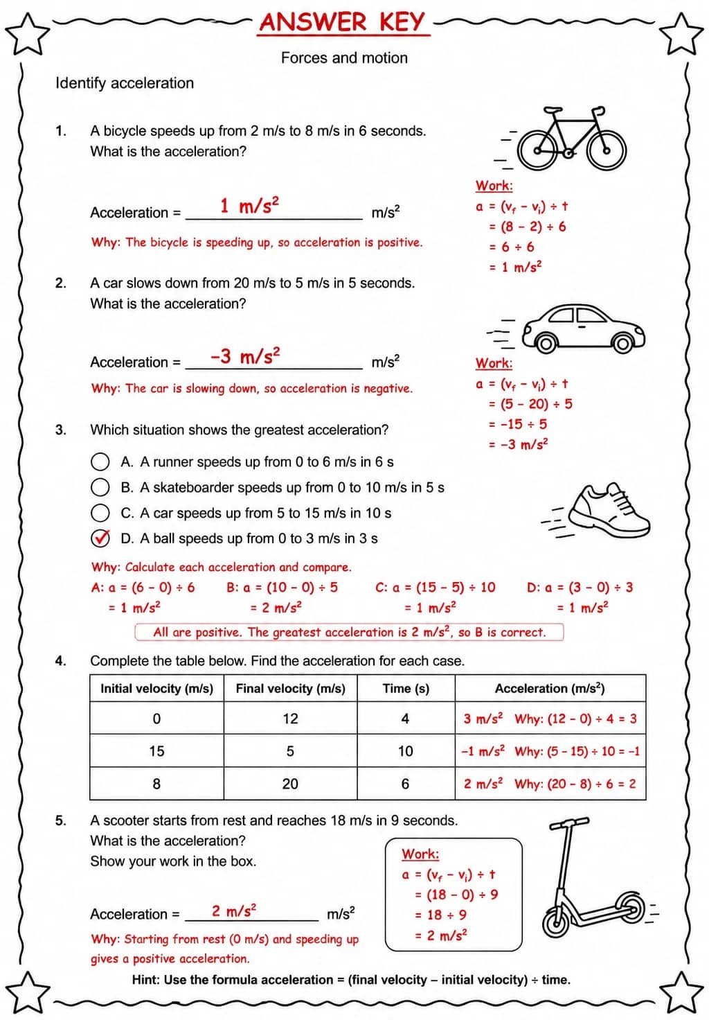 Answer key for Identify acceleration — free printable Science worksheet