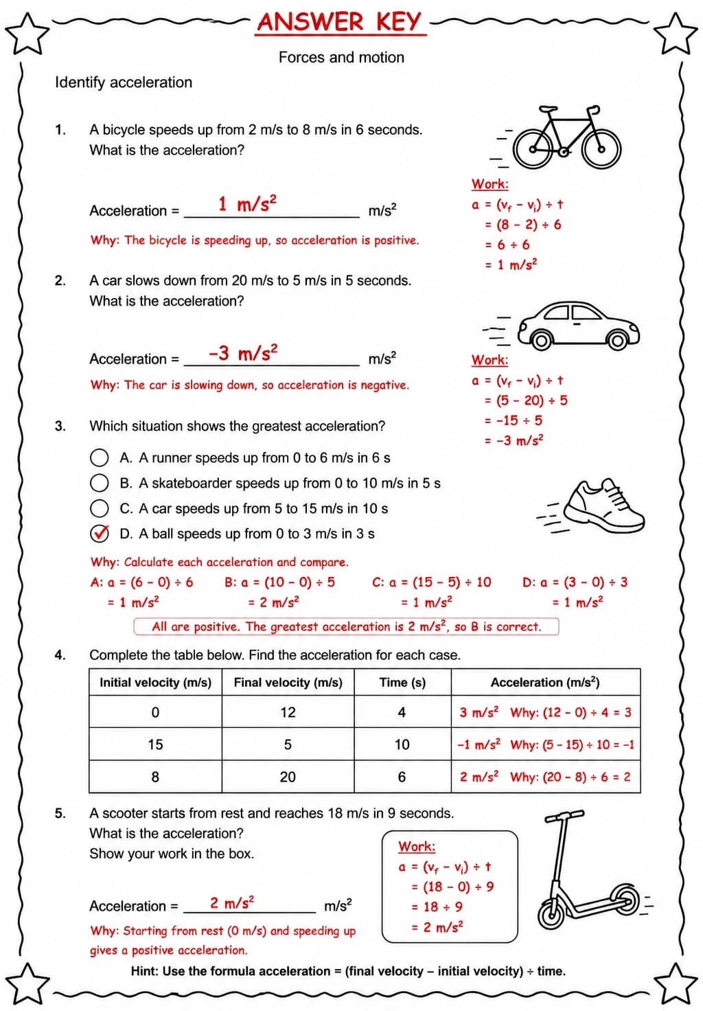 Answer key for Identify acceleration — free printable Science worksheet