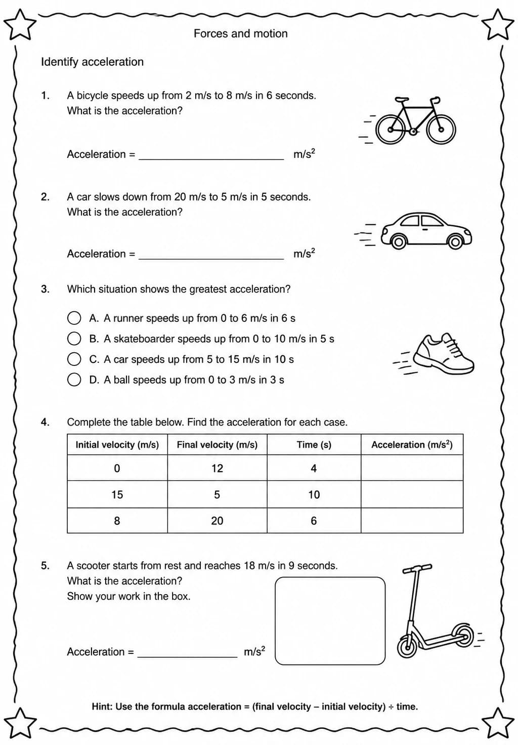 Identify acceleration — free printable Middle School Science worksheet