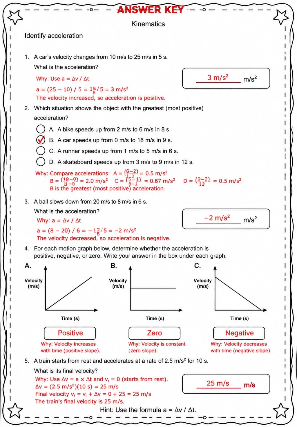 Answer key for Identify acceleration — free printable Science worksheet