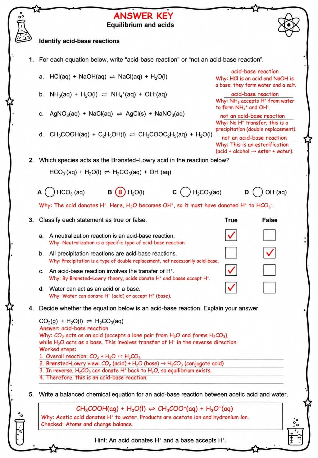 Answer key for Identify acid-base reactions — free printable Science worksheet