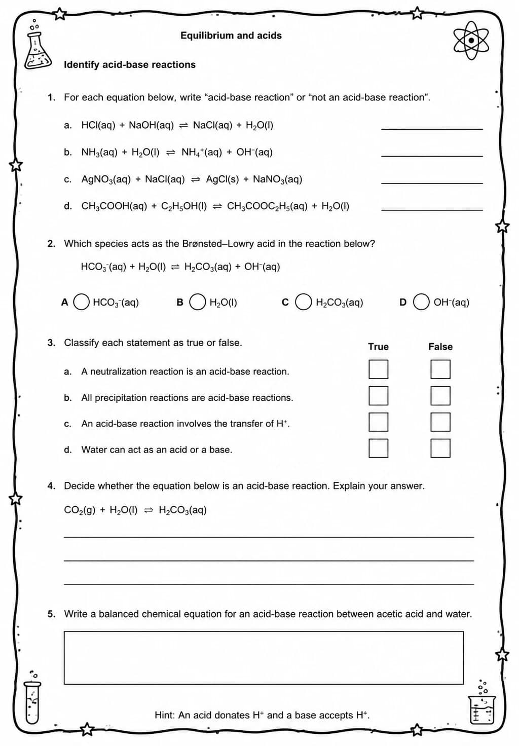 Identify acid-base reactions — free printable High School Science worksheet