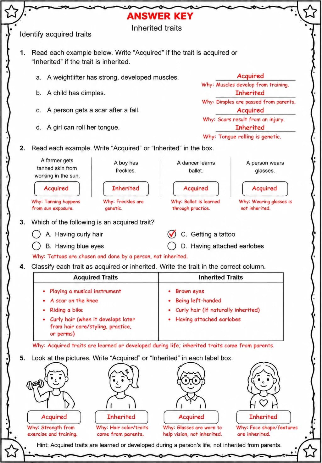 Answer key for Identify acquired traits — free printable Science worksheet