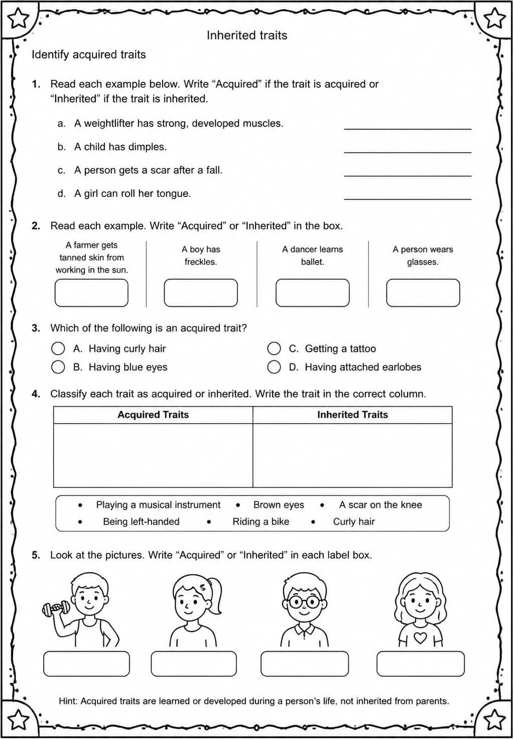 Identify acquired traits — free printable Grade 5 Science worksheet