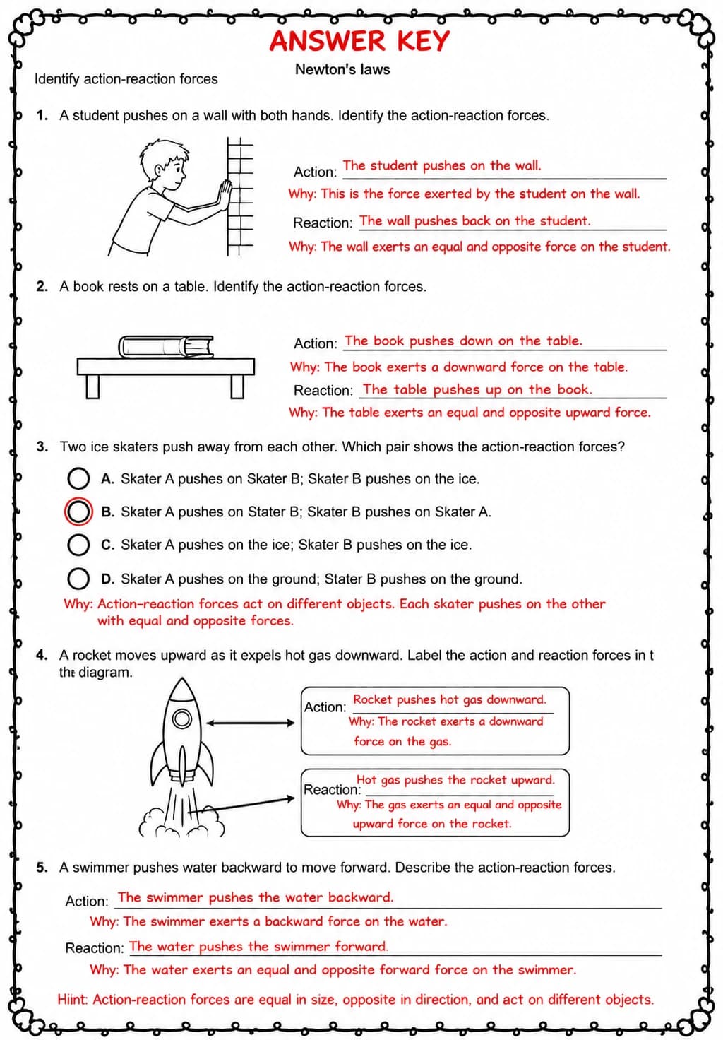 Answer key for Identify action-reaction forces — free printable Science worksheet