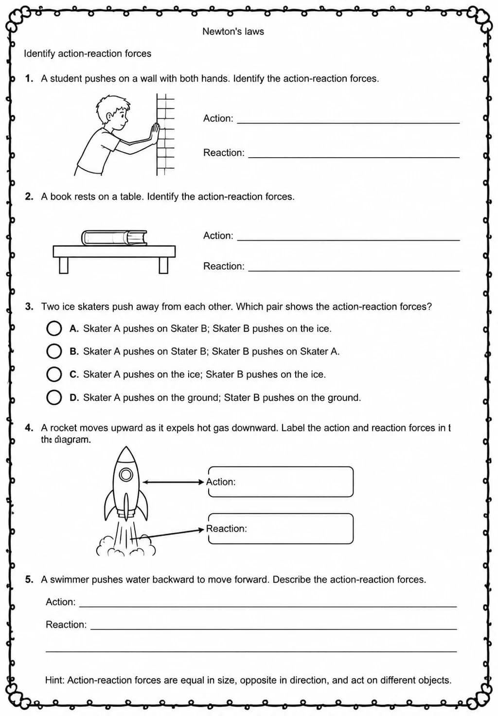 Identify action-reaction forces — free printable Middle School Science worksheet