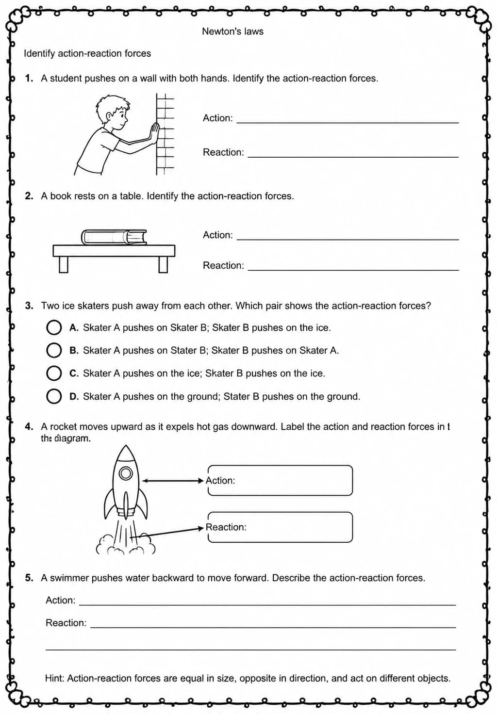 Identify action-reaction forces — free printable Middle School Science worksheet