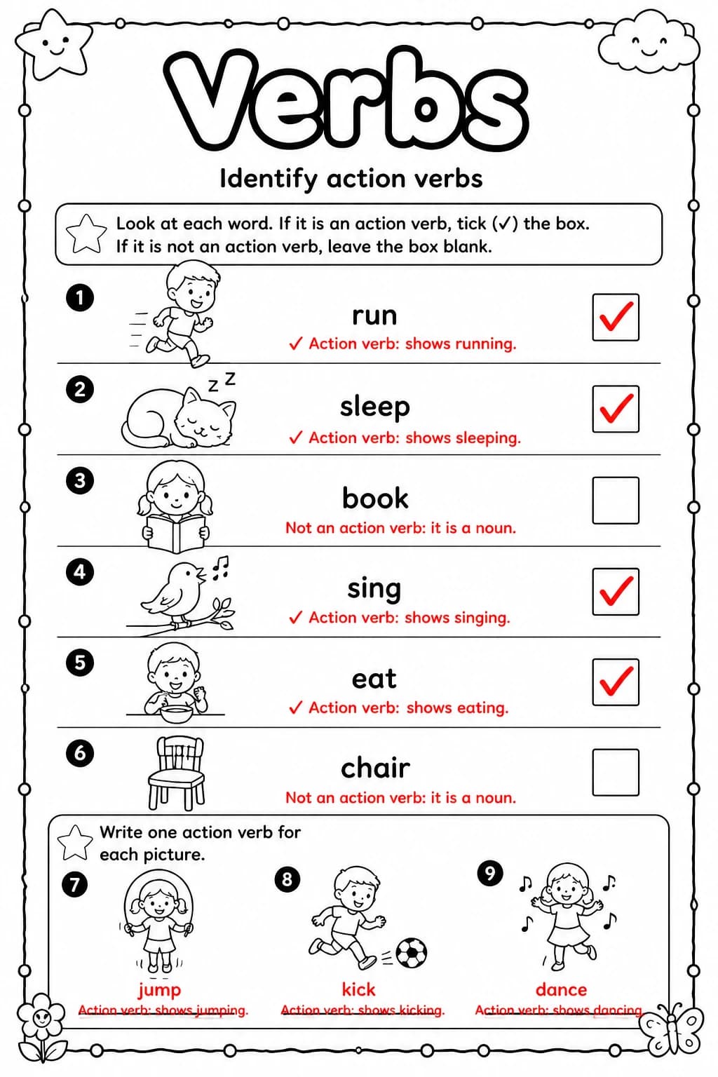 Answer key for Identify action verbs — free printable English & Reading worksheet