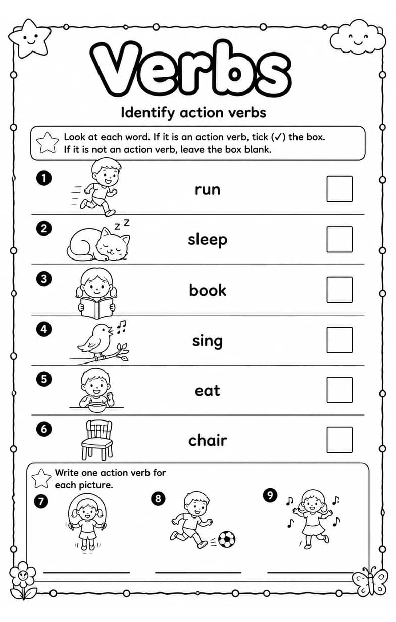 Identify action verbs — free printable Grammar and mechanics English worksheet