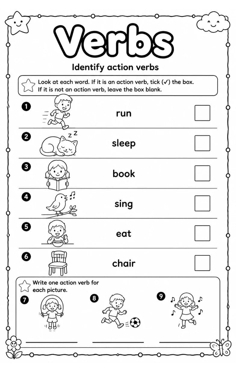 Identify action verbs — free printable Grammar and mechanics English worksheet