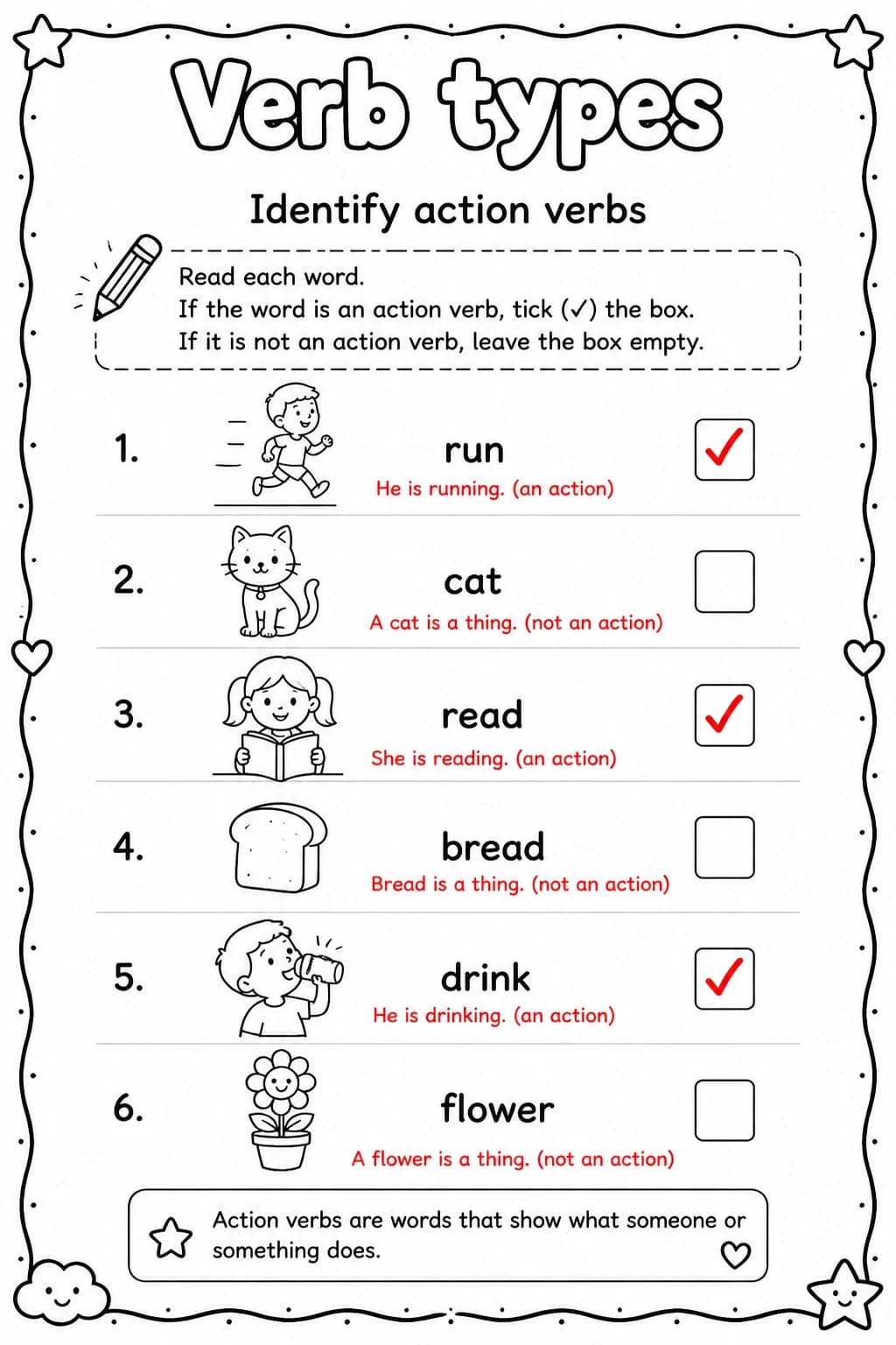 Answer key for Identify action verbs — free printable English & Reading worksheet