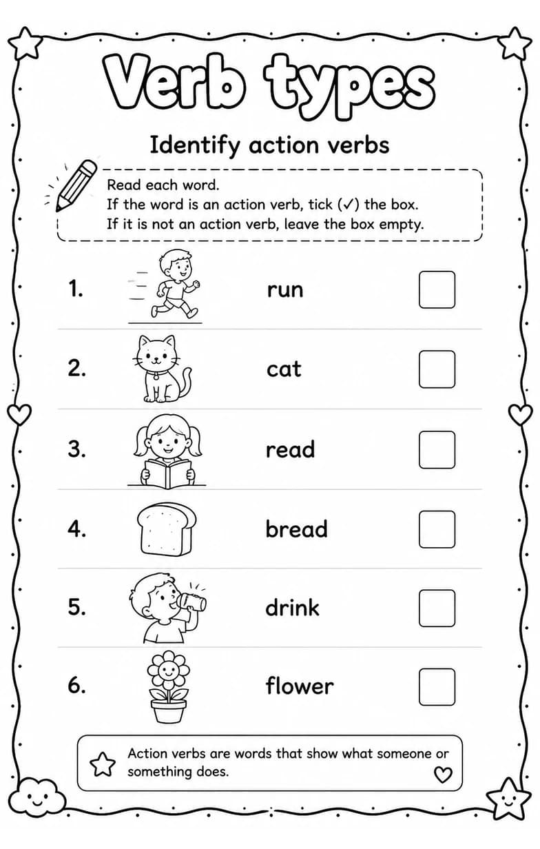 Identify action verbs — free printable Grade 2 English & Reading worksheet