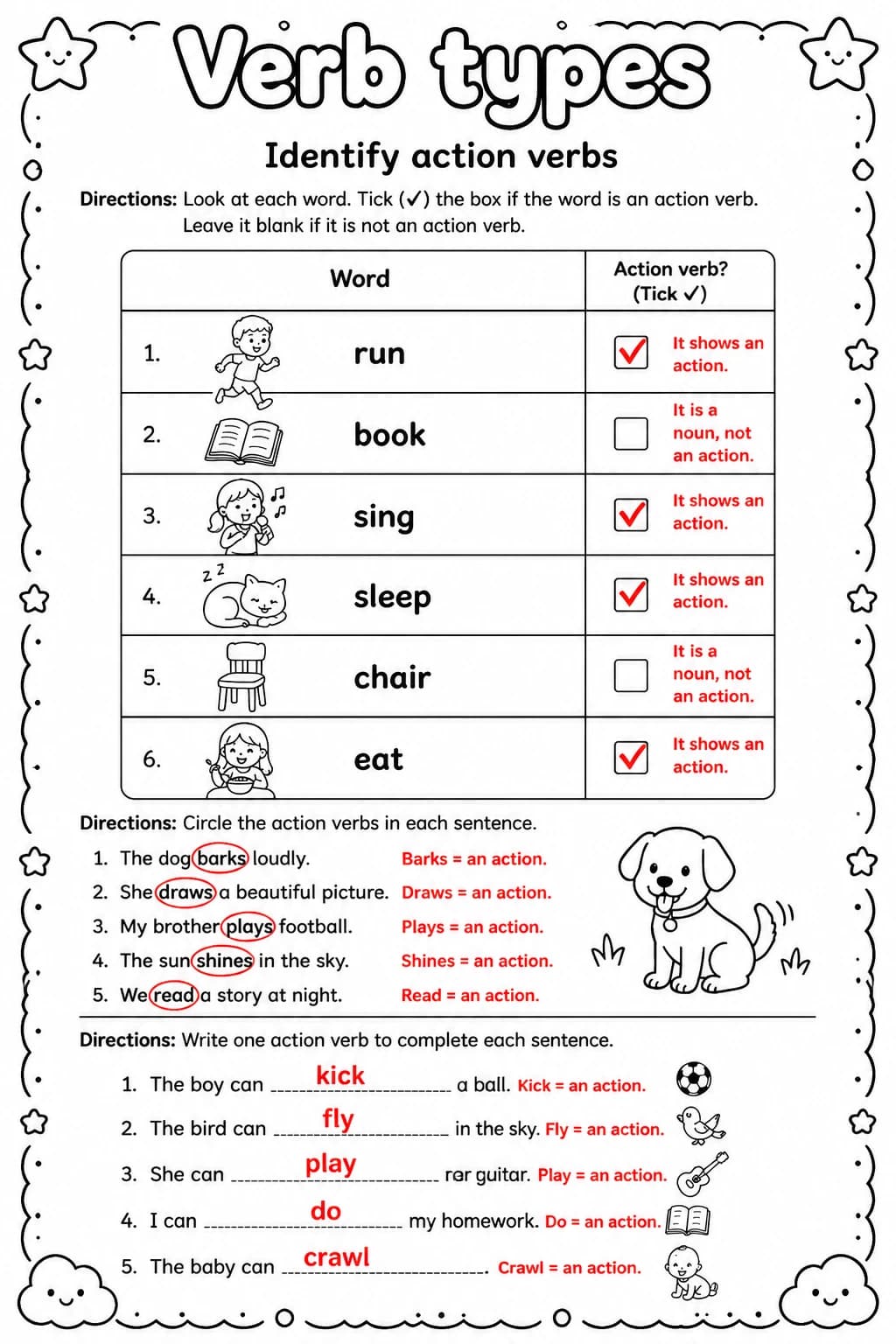 Answer key for Identify action verbs — free printable English & Reading worksheet