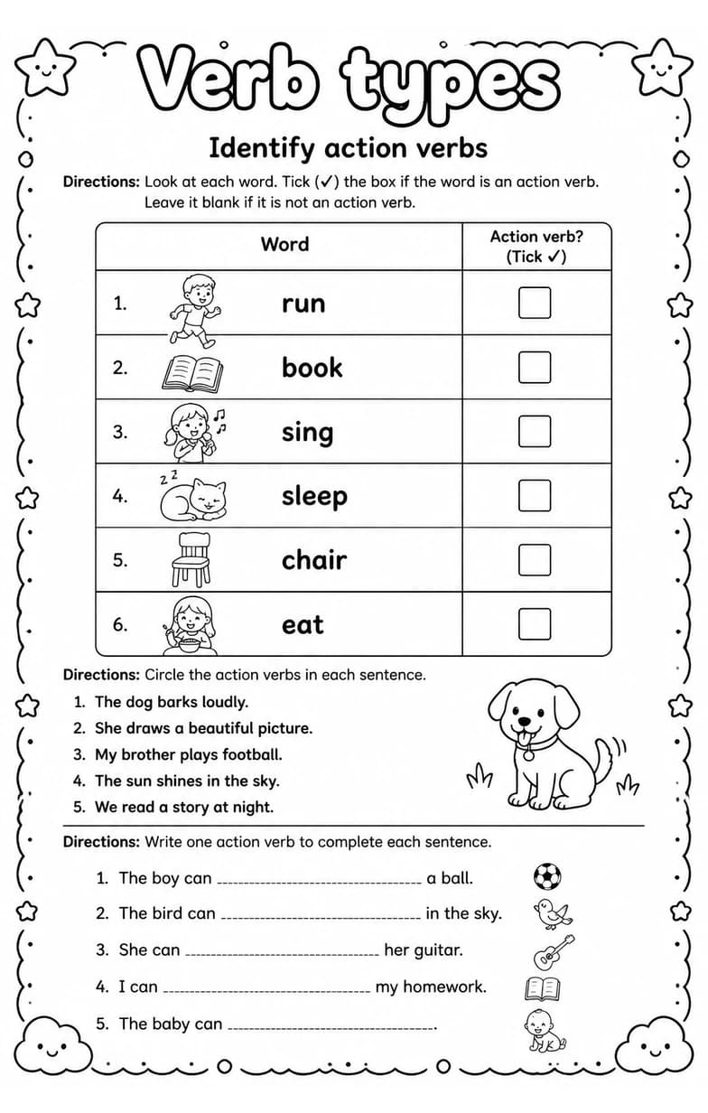 Identify action verbs — free printable Grammar and mechanics English worksheet