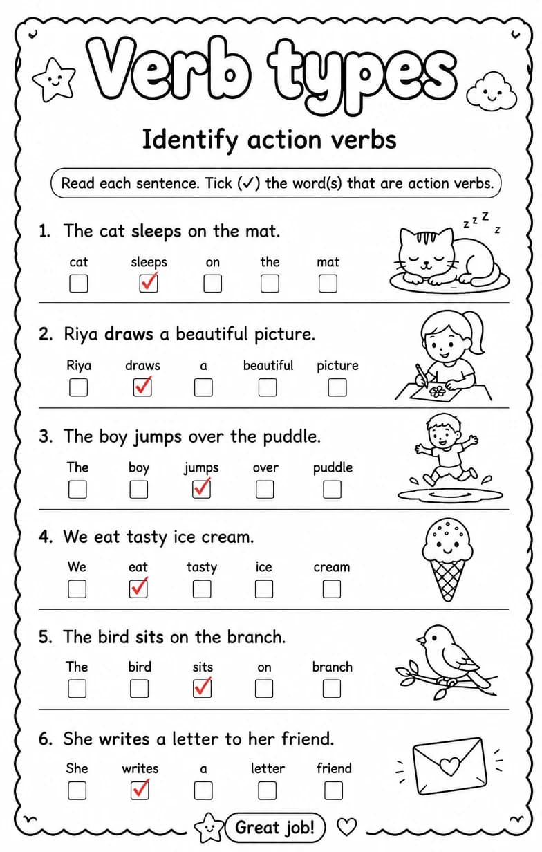 Answer key for Identify action verbs — free printable English & Reading worksheet