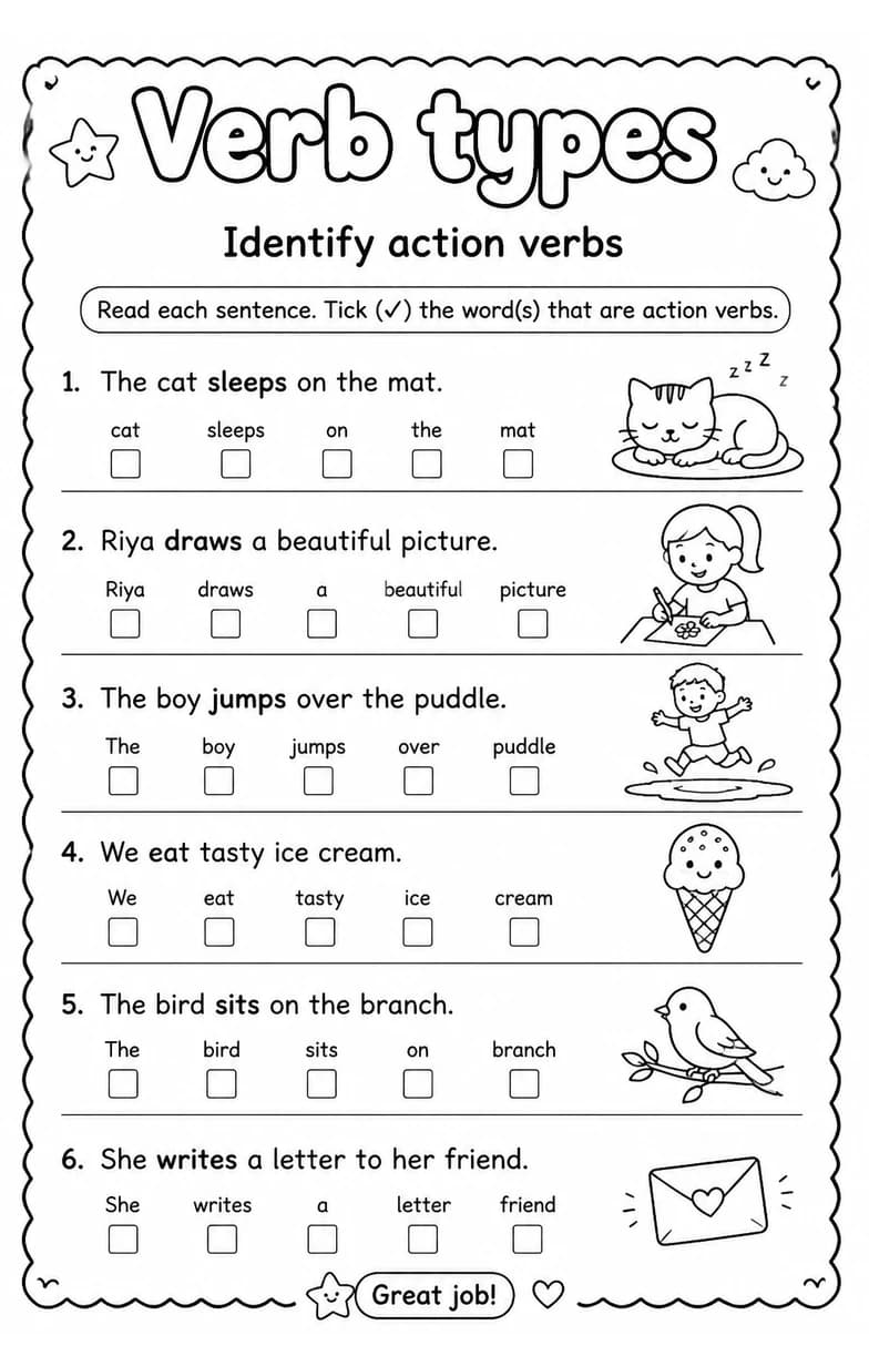 Identify action verbs — free printable Grade 4 English & Reading worksheet