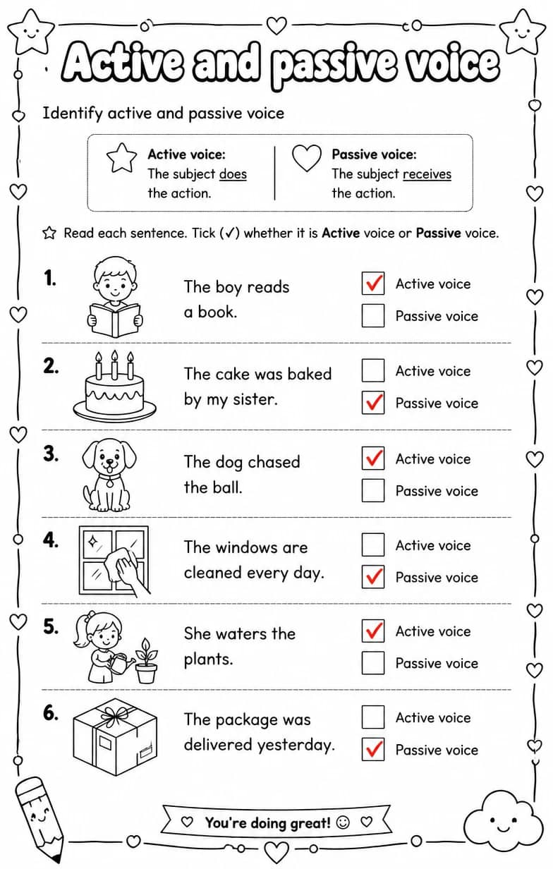 Answer key for Identify active and passive voice — free printable English & Reading worksheet