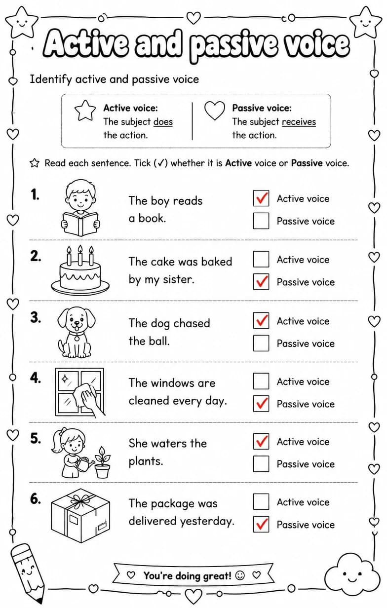 Answer key for Identify active and passive voice — free printable English & Reading worksheet