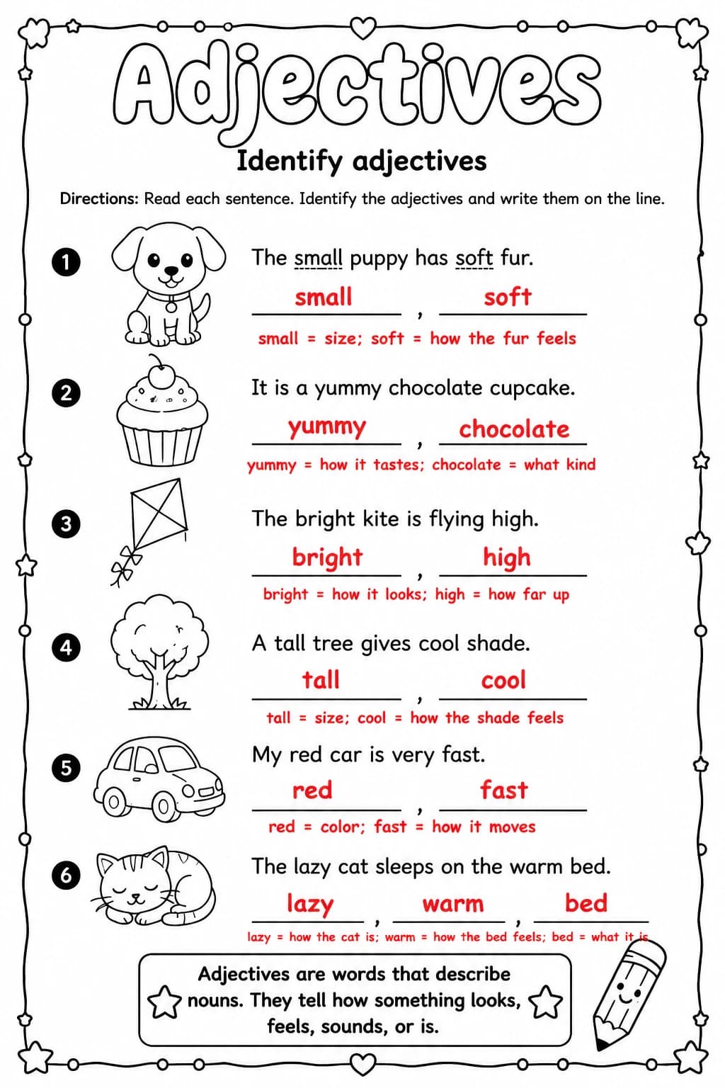 Answer key for Identify adjectives — free printable English & Reading worksheet