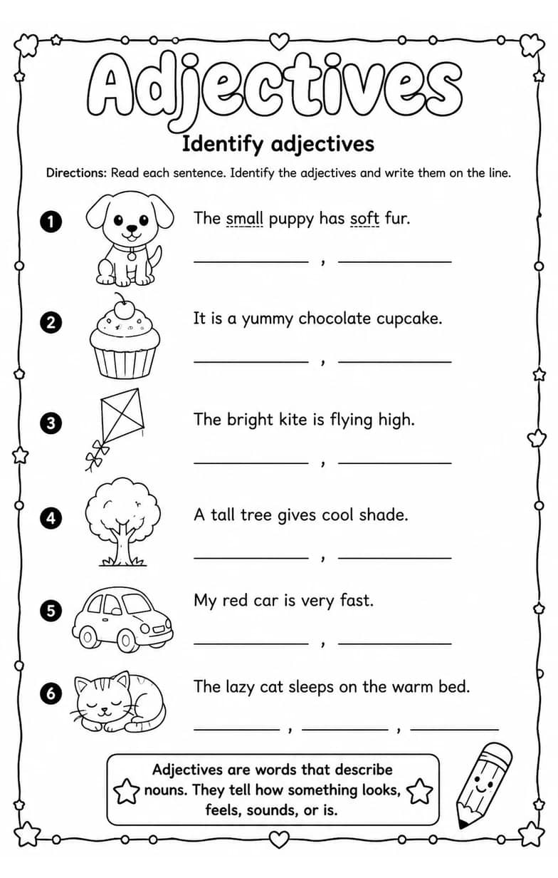Identify adjectives — free printable Grammar and mechanics English worksheet