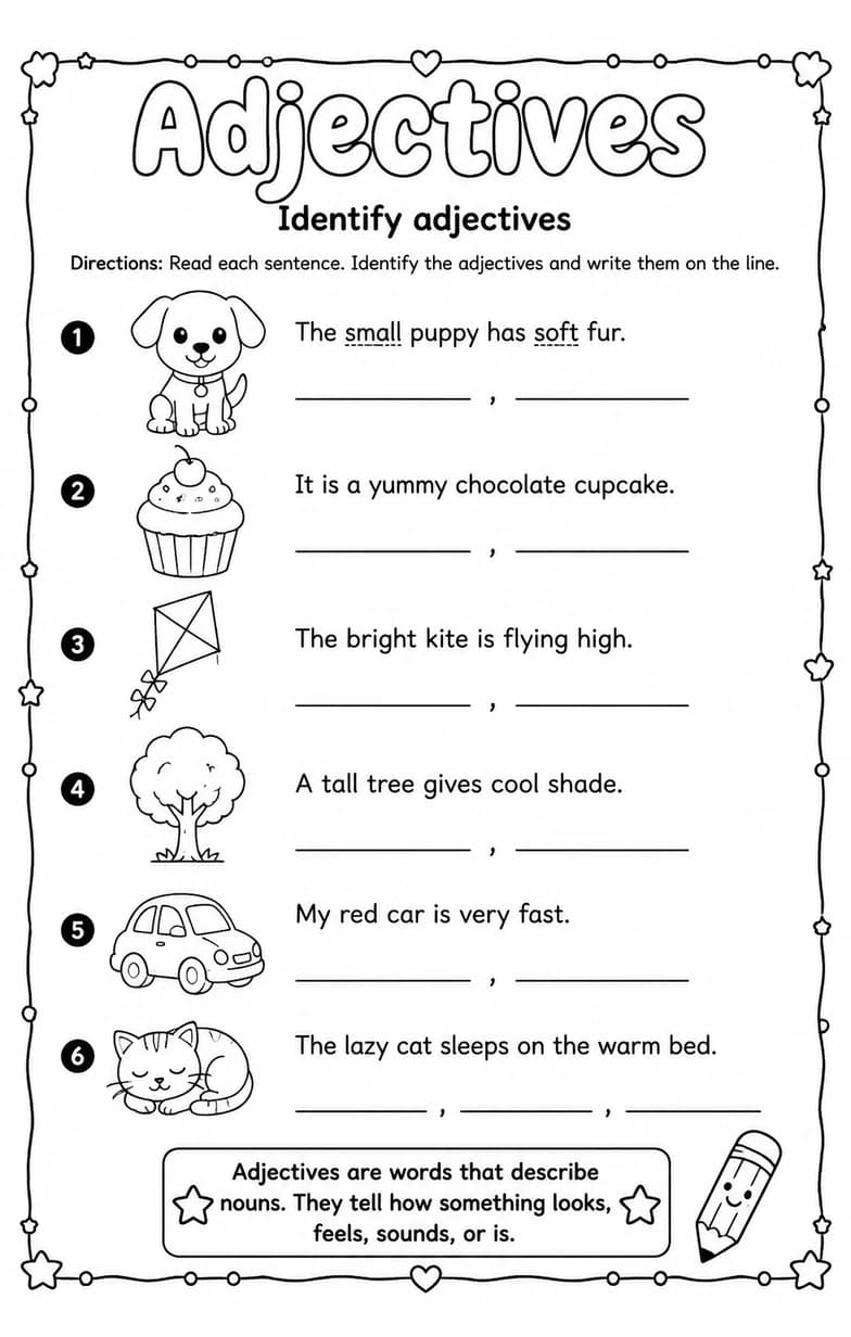 Identify adjectives — free printable Grade 1 English & Reading worksheet
