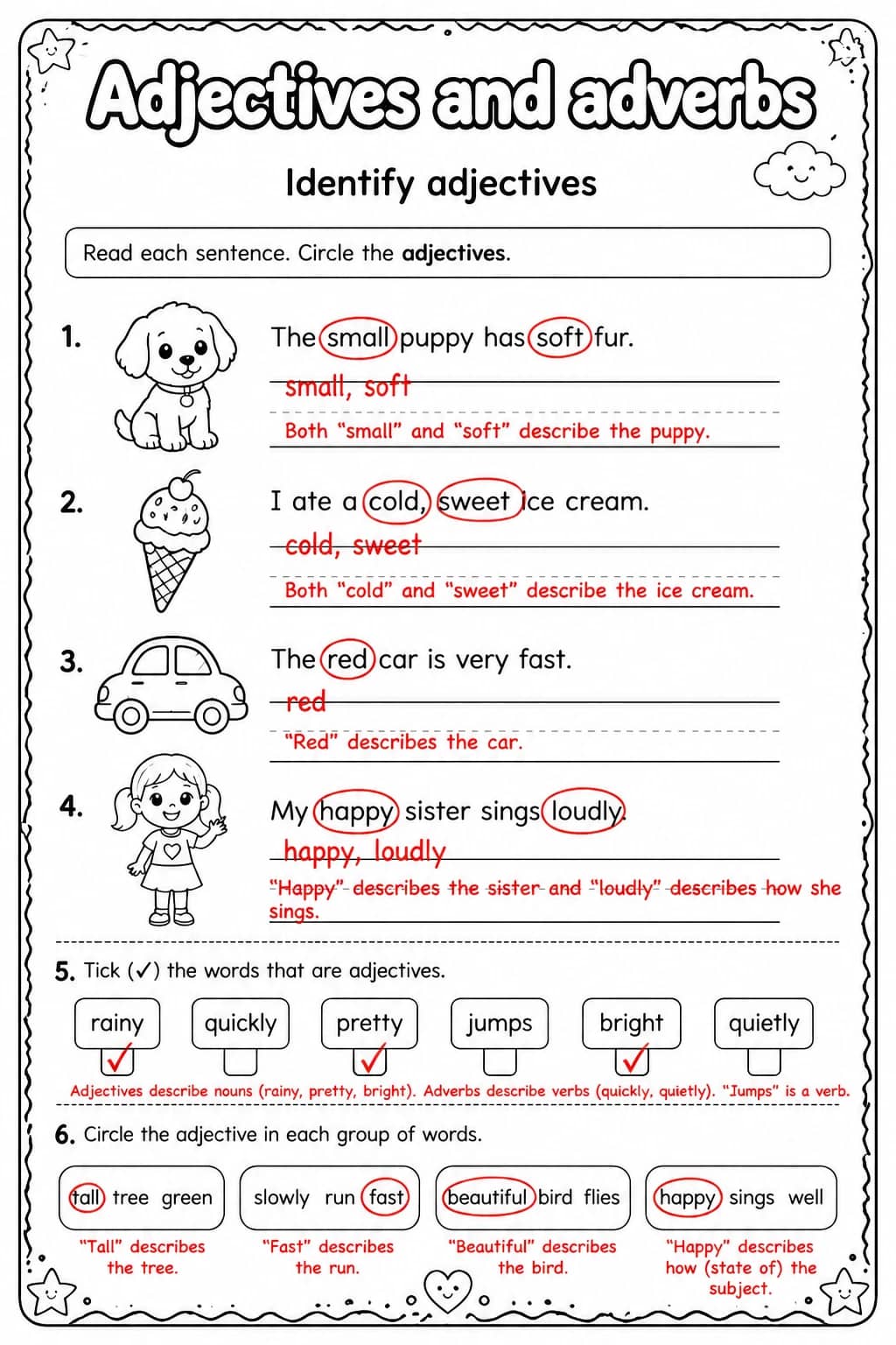 Answer key for Identify adjectives — free printable English & Reading worksheet