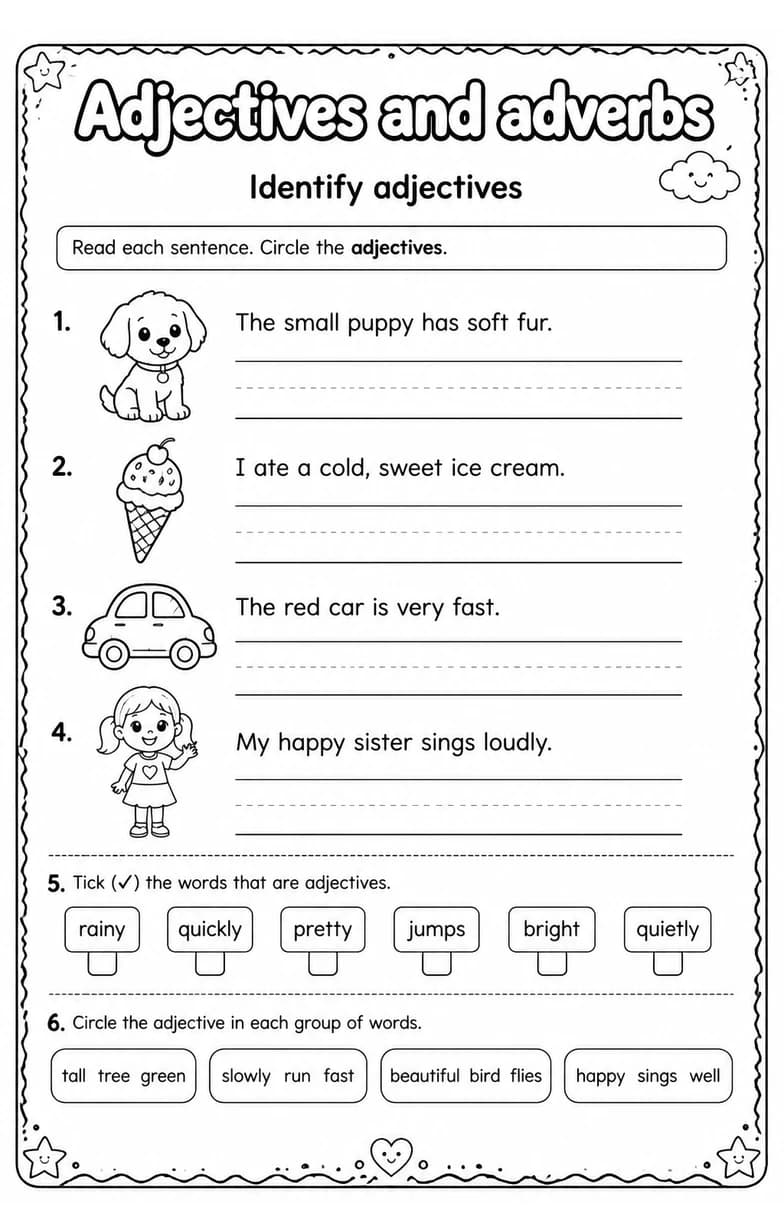 Identify adjectives — free printable Grade 2 English & Reading worksheet