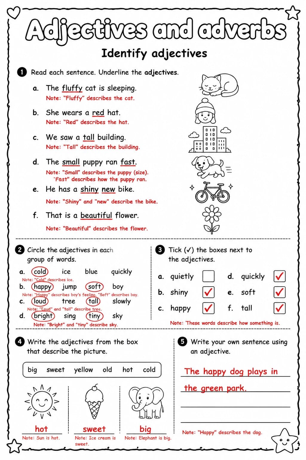 Answer key for Identify adjectives — free printable English & Reading worksheet