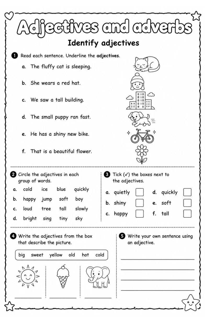 Identify adjectives — free printable Grade 3 English & Reading worksheet