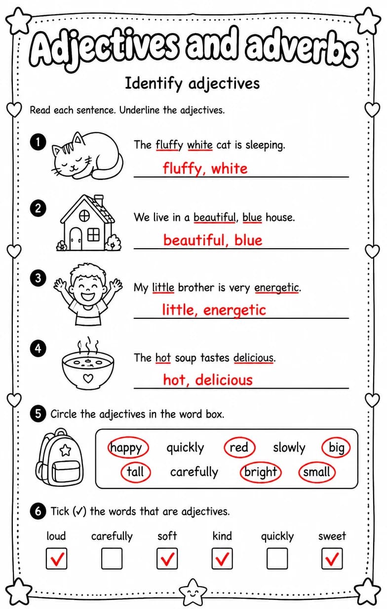 Answer key for Identify adjectives — free printable English & Reading worksheet