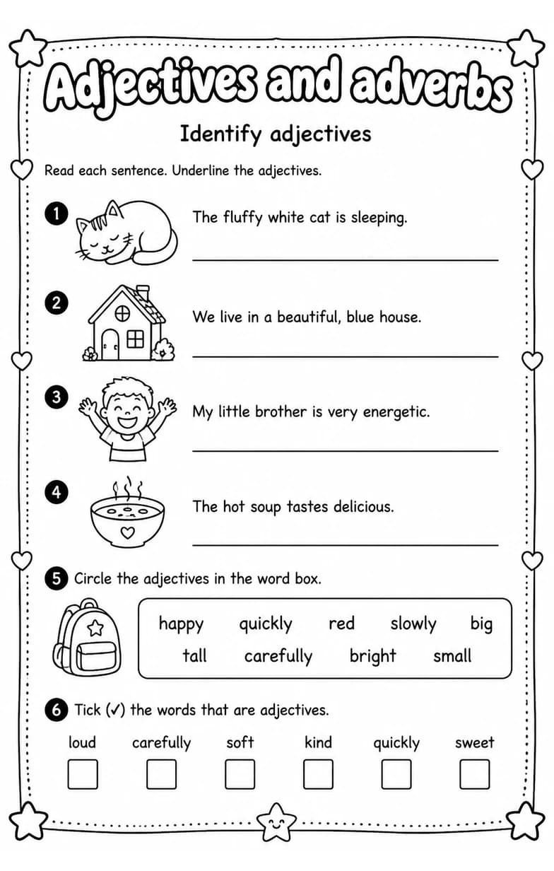 Identify adjectives — free printable Grade 4 English & Reading worksheet