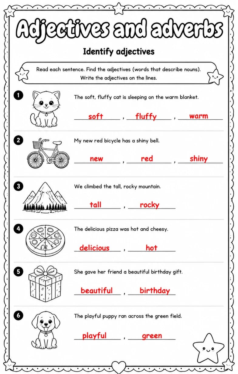Answer key for Identify adjectives — free printable English & Reading worksheet