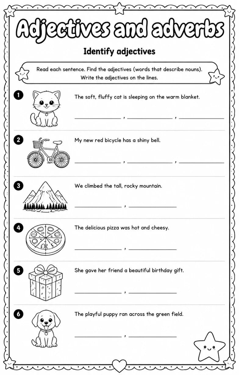 Identify adjectives — free printable Grammar and mechanics English worksheet