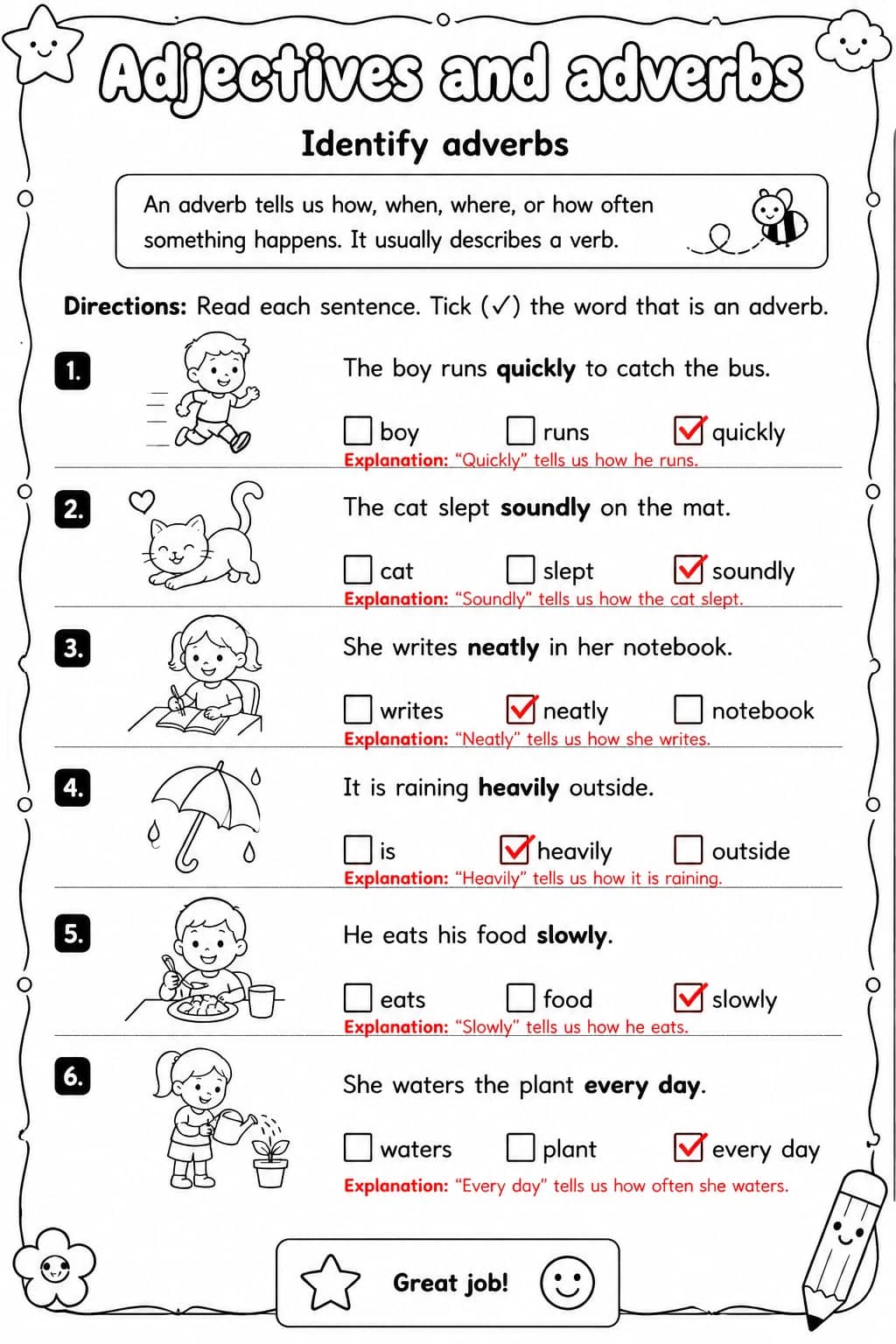 Answer key for Identify adverbs — free printable English & Reading worksheet