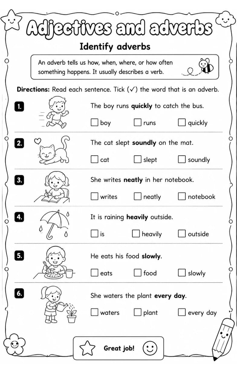 Identify adverbs — free printable Grade 2 English & Reading worksheet