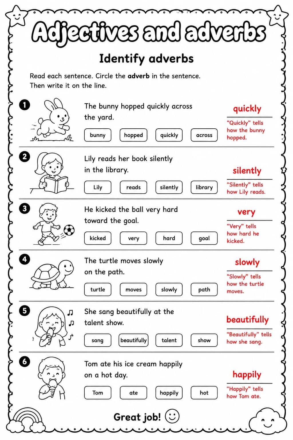 Answer key for Identify adverbs — free printable English & Reading worksheet