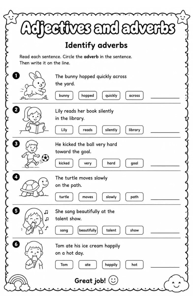 Identify adverbs — free printable Grade 3 English & Reading worksheet