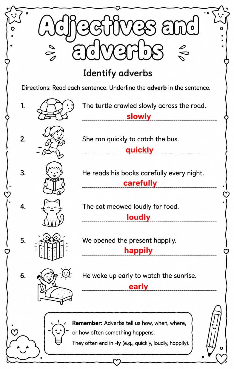 Answer key for Identify adverbs — free printable English & Reading worksheet