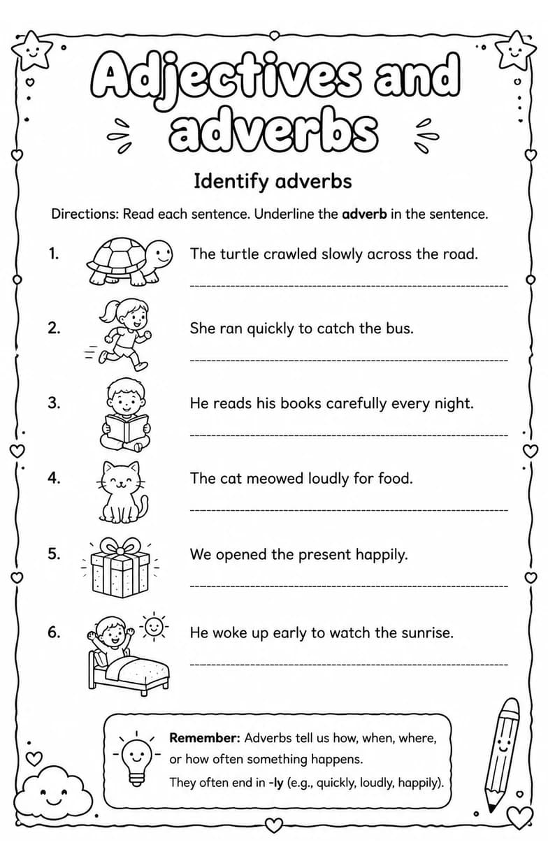 Identify adverbs — free printable Grammar and mechanics English worksheet
