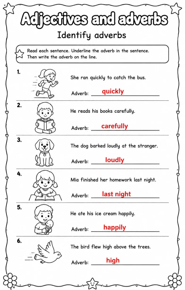 Answer key for Identify adverbs — free printable English & Reading worksheet