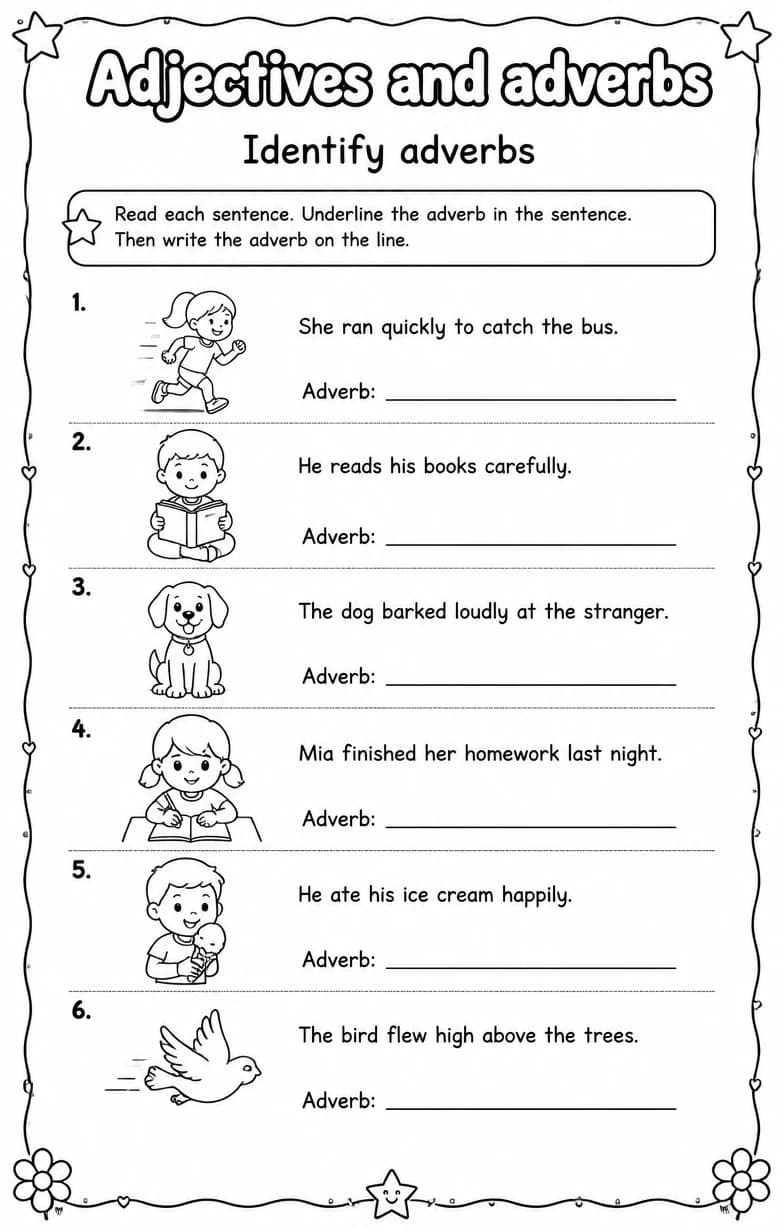 Identify adverbs — free printable Grade 5 English & Reading worksheet