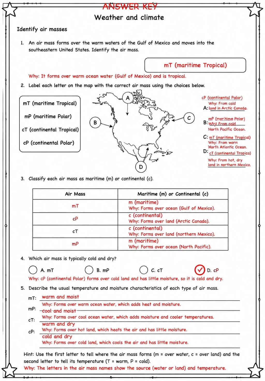 Answer key for Identify air masses — free printable Science worksheet