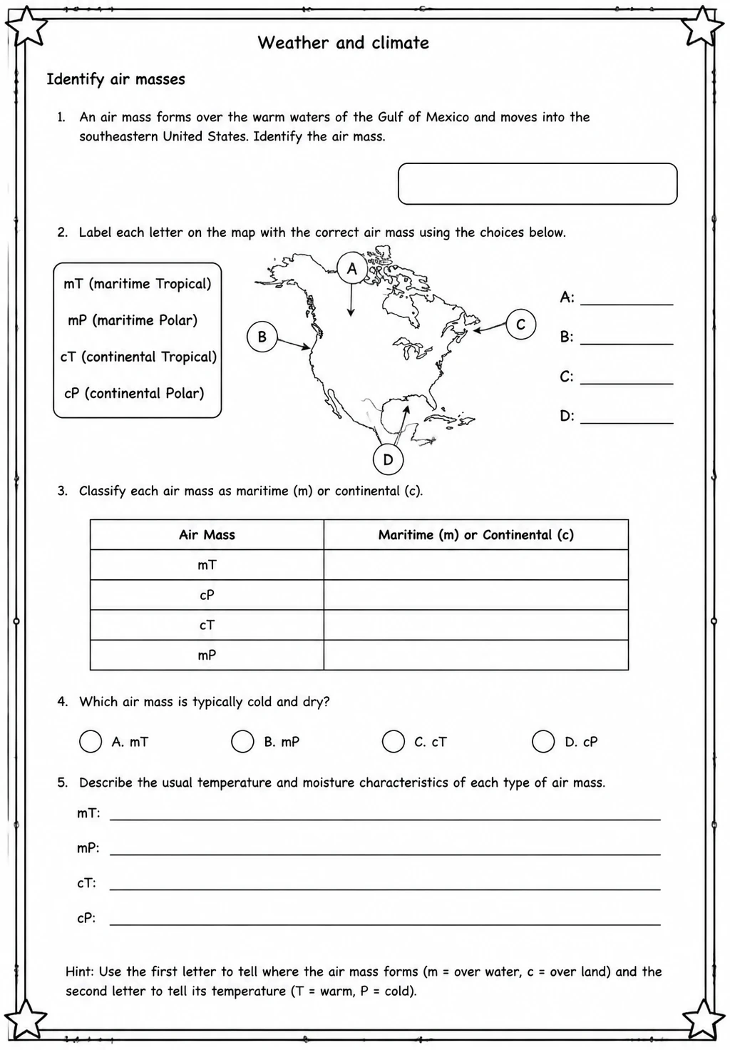 Identify air masses — free printable Middle School Science worksheet