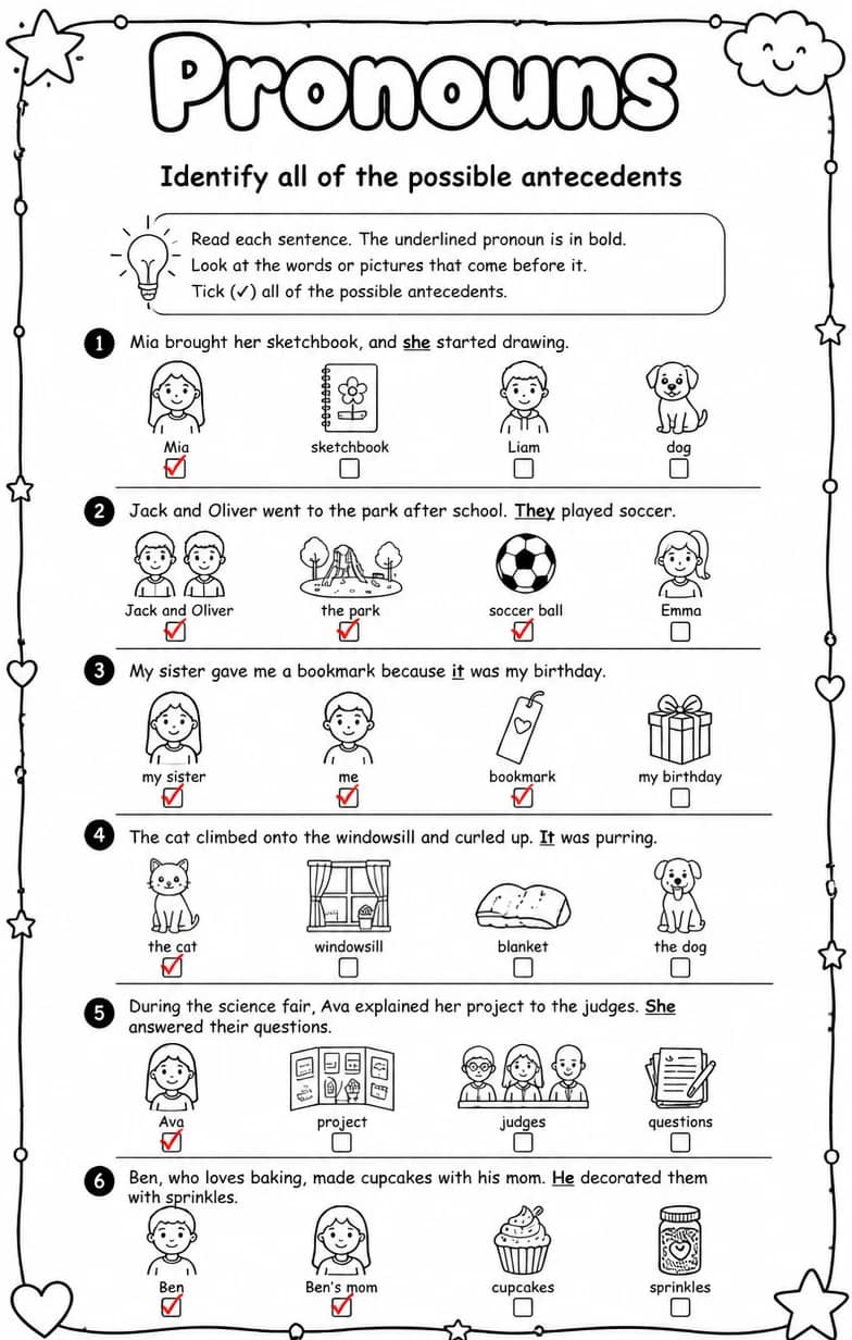 Answer key for Identify all of the possible antecedents — free printable English & Reading worksheet