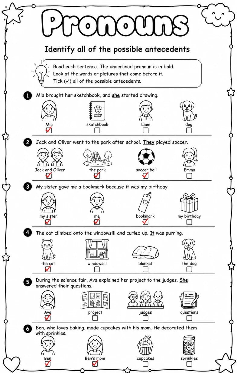 Answer key for Identify all of the possible antecedents — free printable English & Reading worksheet