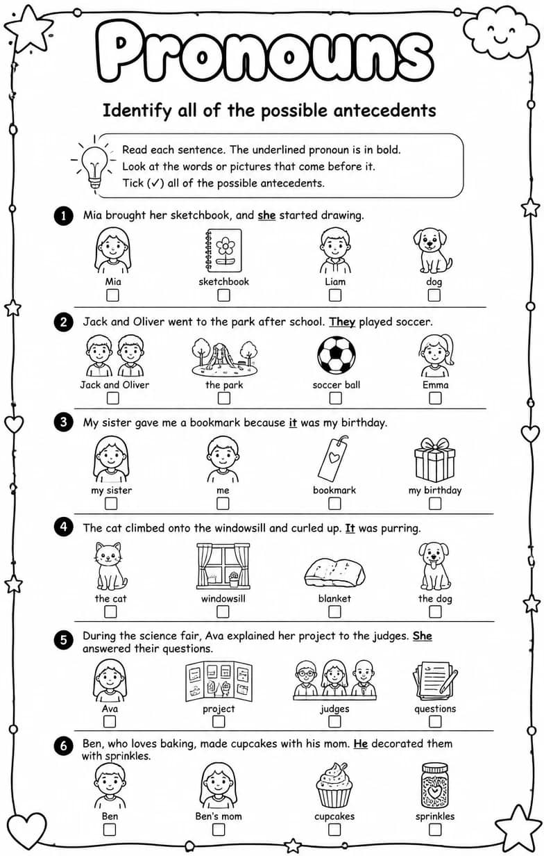 Identify all of the possible antecedents — free printable Grammar and mechanics English worksheet